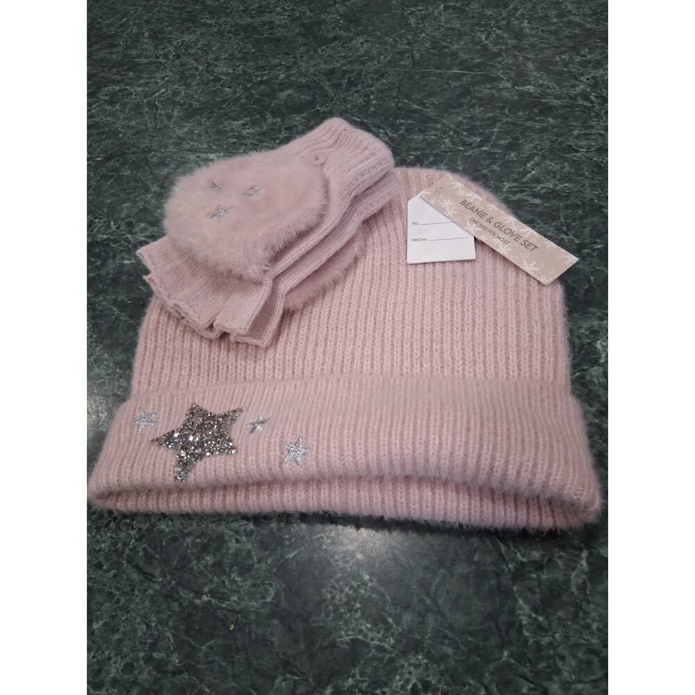 Women’s Pink Beanie & Glove Mittens Sparkle Sequin Star One Size NWT Fuzzy Soft